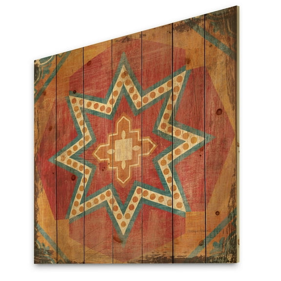 Designart 'Orange Moroccan Tiles Collage I' Bohemian Chic Print on Natural Pine Wood