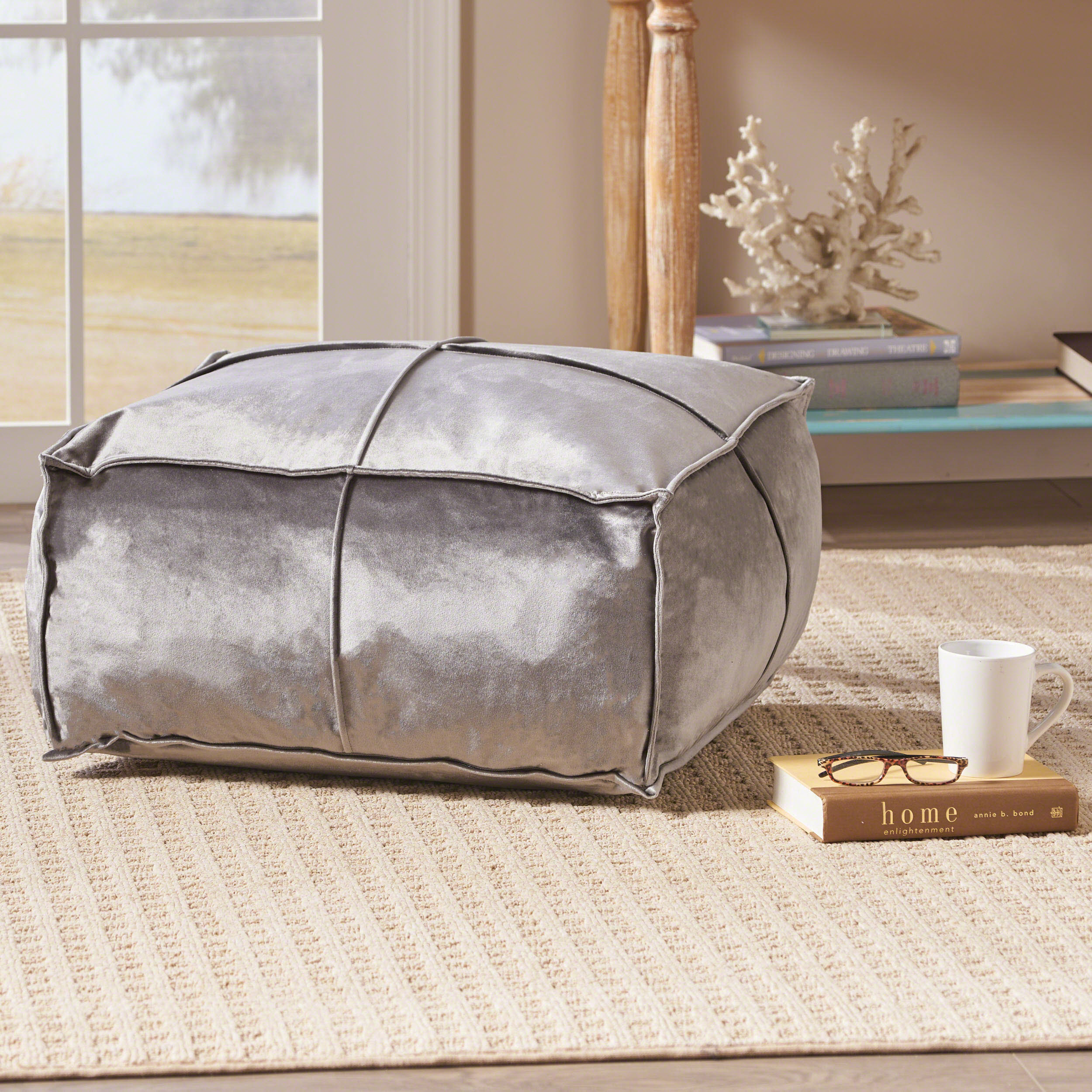 Cytheria Glam Velvet Square Bean Bag Ottoman, Smoke