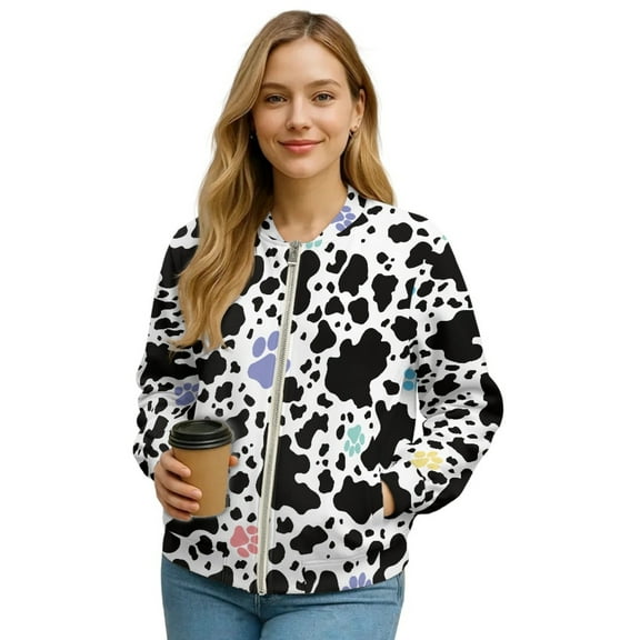 SCRAWLGOD Paw Cow Print Black White Womens Zip Up Long Sleeve Crewneck Sweatshirt Jacket Casual Loose Coats With Pockets Stylish Comfortable Lightweight Outerwear, S