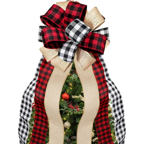 Christmas Tree Topper Large Buffalo Plaid Burlap Red and Black Gift Bow for Xmas Tree Handmade Holiday Party Decorations-13 x 29 Inch
