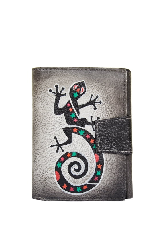 Womens Hand Painted Leather Wallet Artistic Black Lizard Design Trifold, Elegant Compact and Stylish Purse