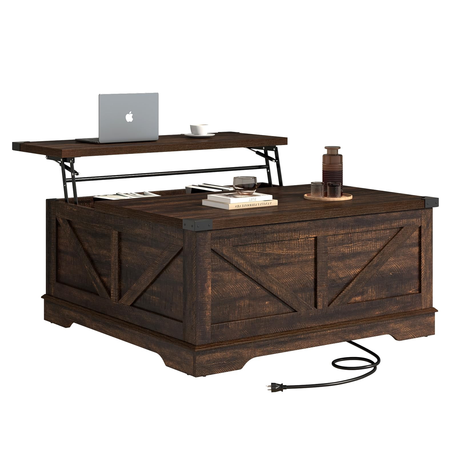 40" Large Farmhouse Lift Top Coffee Table with Power Outlets, Square Wood Living Room Table with Large Hidden Storage, Multi-Function Lift Wooden Barn Door Center Table, Brown