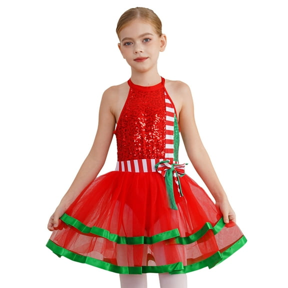 TiaoBug Christmas Sparkly Dress for Girls Striped Sequins Ballet Leotard Dance Tutu Dress Red 10