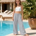 thumbnail image 2 of Girls Linen Pants Wide Leg School Uniform Pants Cozy Elastic Waist Summer Casual Beach Lounge Trousers with Pockets, 2 of 4