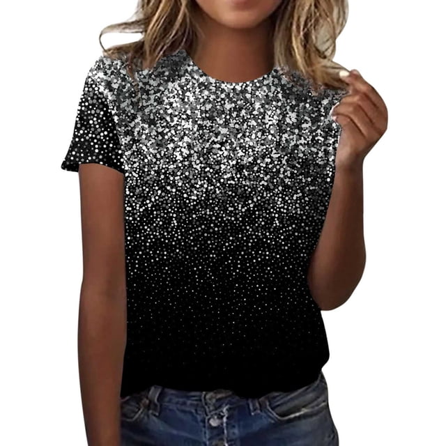 TSADFHJI Chandails pour Femmes en Coton Mode Décontractée pour Femmes Dégradé à Paillettes Imprimé Col Rond T-Shirt Ample
