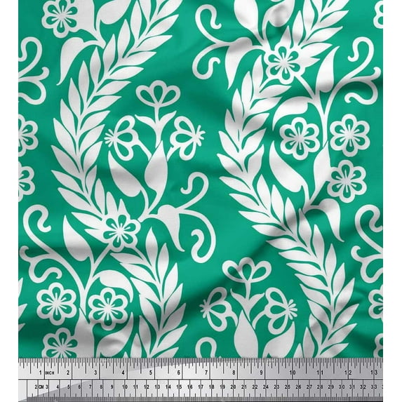 Soimoi Rayon Crepe Fabric Waves,Leaves & Floral Artistic Printed Fabric 1 Yard 46 Inch Wide