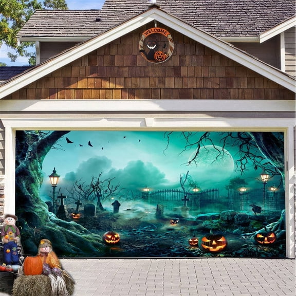 Halloween Garage Door Cover,4.92 x 2.46 Ft Large Witch Pumpkin Bat Ghost Garage Door Banner,Outdoor Hanging Mural Backdrop for Front Porch Yard Halloween Party Wall Decor(H)
