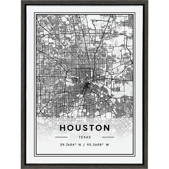 Kate and Laurel Sylvie Houston Modern Map Framed Canvas Wall Art by Jake Goossen, 18x24 Gray, Decorative Map Art for Wall