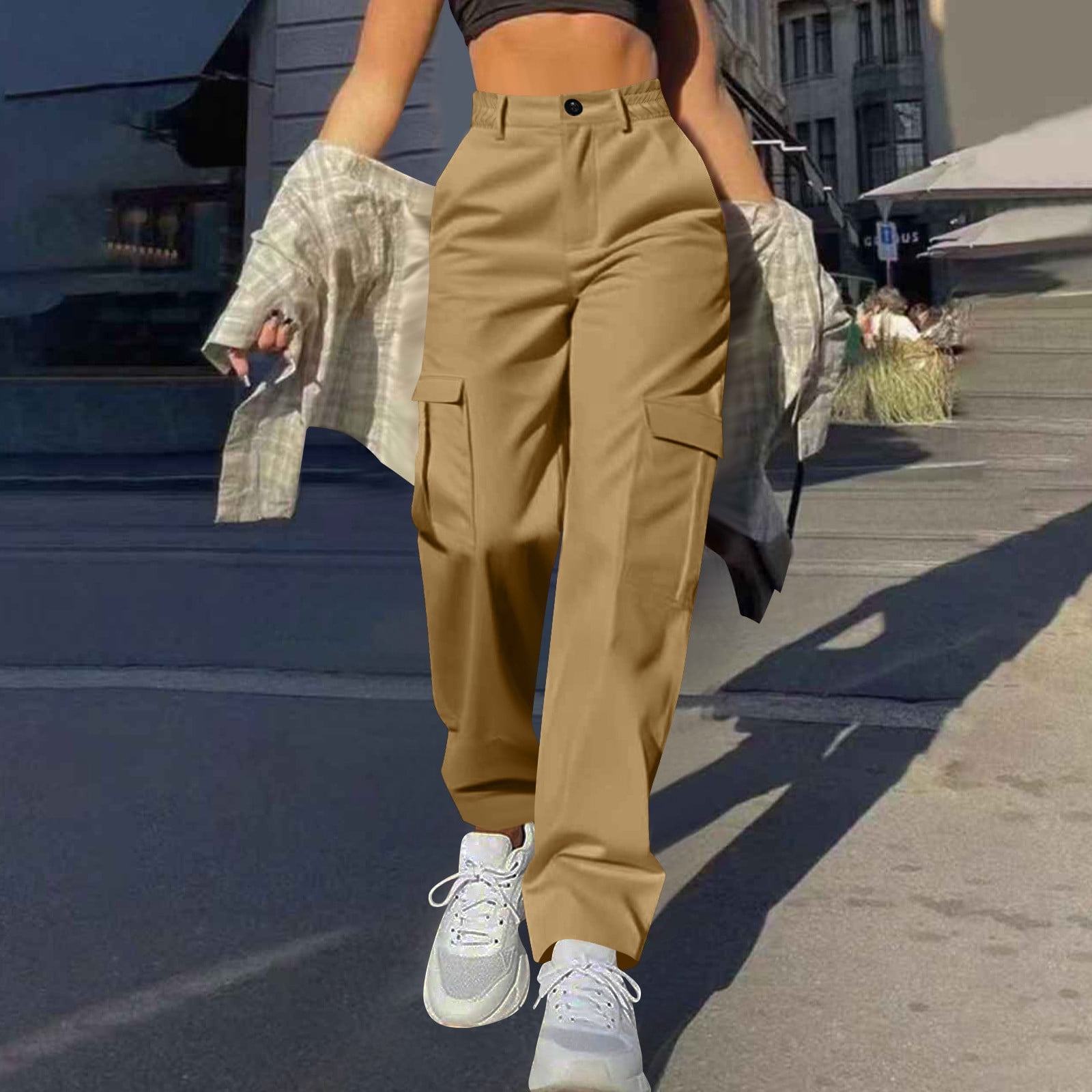Amzcrzy Pantalon Cargo Grande Taille Femme Couleur Unie Bouton