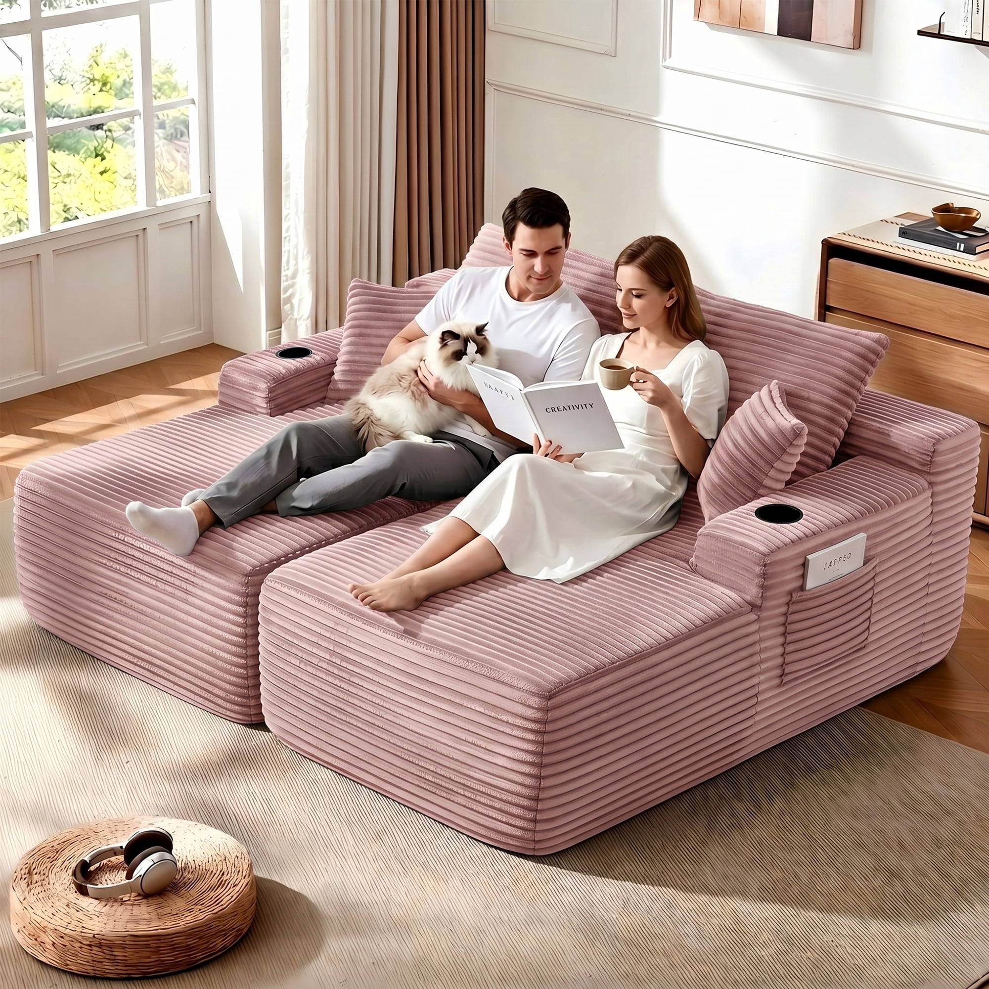 Aukfa 69" Oversized Double Chaise Lounge Boneless Couch Modular Loveseat Sleeper Sofa Bed for Living Room, 2 Cup Holders, Corduroy, Pink