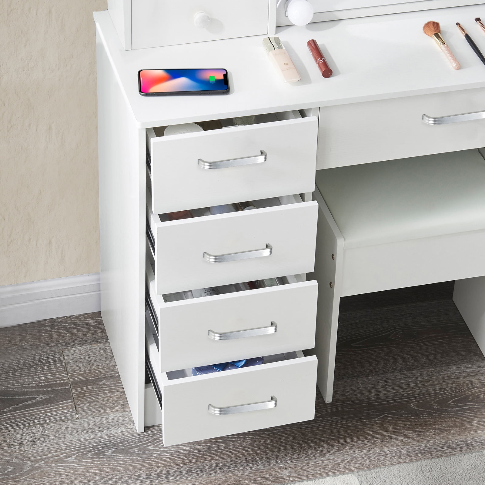 Yamissi White Vanity Desk Set with LED Lighted Sliding