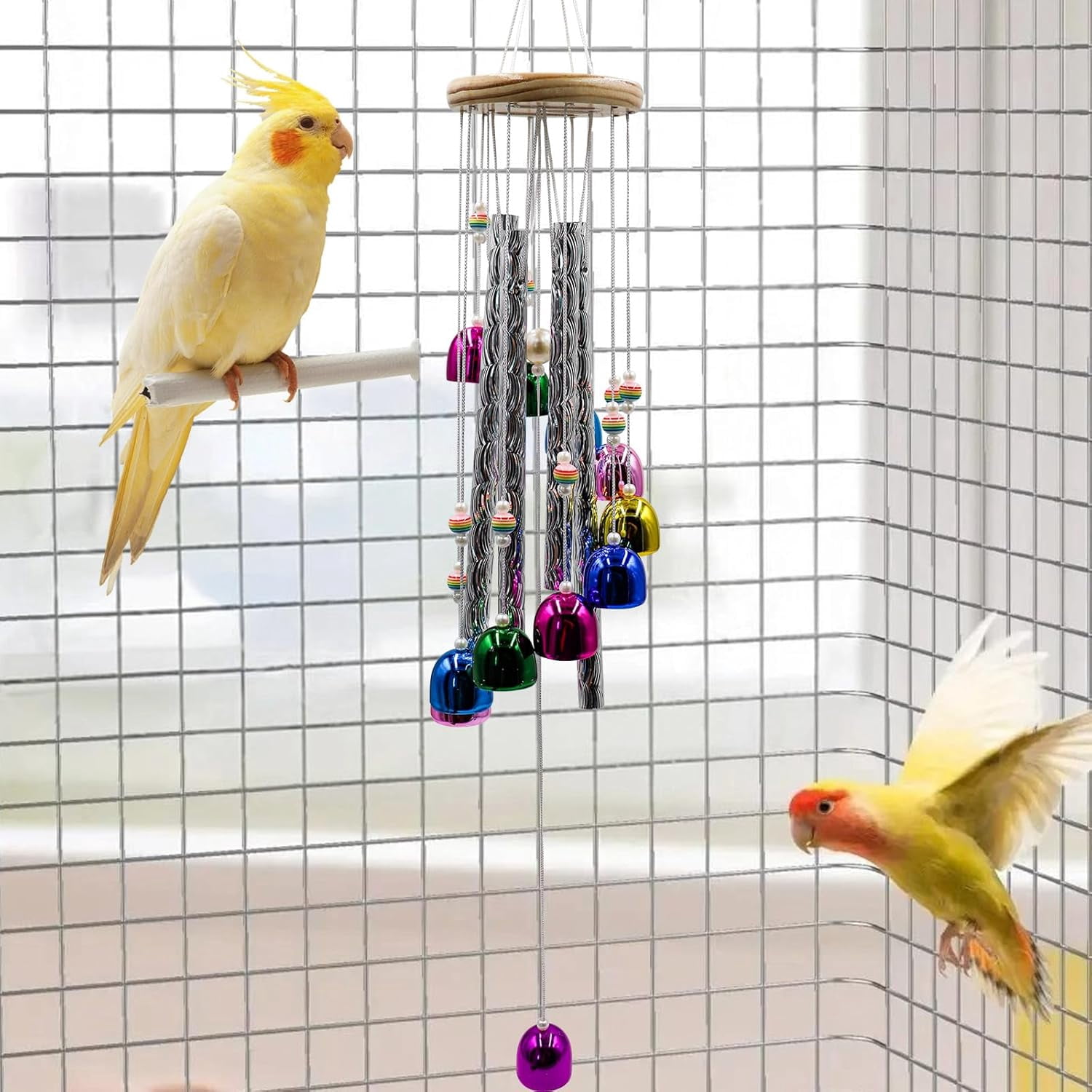 Colorful bell and shining stick parrot toys, bird cage wind chimes for chewing, suitable for African Grey, Budgies, Cockatiels, Lovebirds, Conures, Quakers and other small to medium birds.