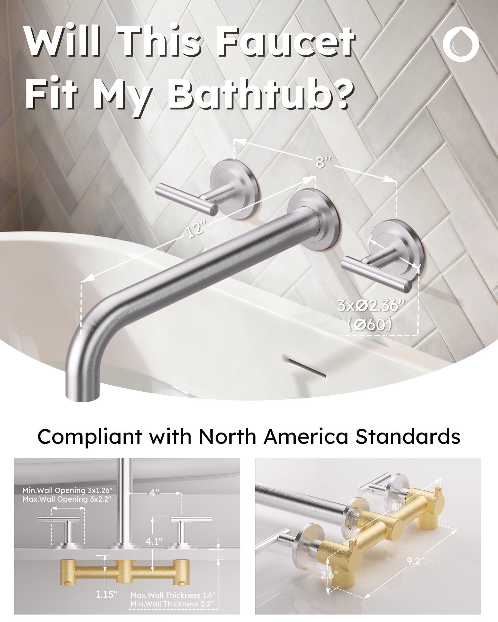 Wowow Wall Mount Tub Filler: Brushed Nickel Tub Faucet High Flow Two Handles Solid Brass, Long Spout Reach,Tub Faucet Bathroom Bathtub Faucets with 2 Handles with Brass Rough in Valve Included