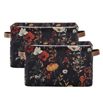 Yayeee 2 Pack Canvas Storage Basket with Handles for Shelves Fabric Bins Closet Organizer, Black Floral Pattern