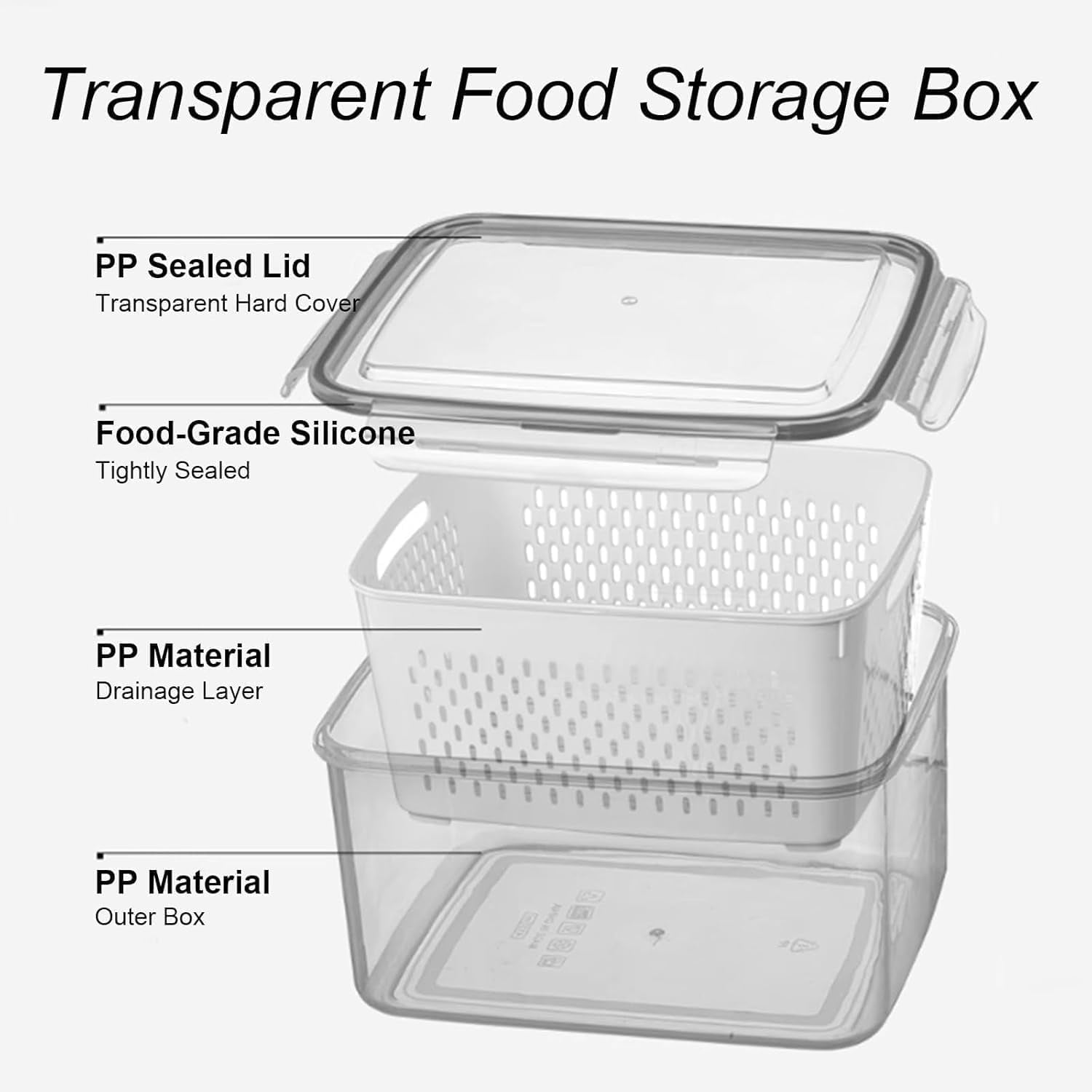 4-in-1 Fruit Storage Containers for Fridge, Transparent Plastic Food Box with Removable Drain Basket, Airtight Produce Keeper for Vegetables & Berries