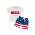thumbnail image 2 of Aojekbee Toddler Boys 4th of July Shorts Sets Short Sleeve Letter Embroidery Tops Star Stripe Print Shorts Sets, 2 of 10