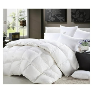 Queen Size Luxurious 1000 Thread Count Siberian GOOSE DOWN Comforter, 100% Egyptian Cotton Cover, Damask Stripe White Color, 750 Fill Power, 50 Oz Fill Weight