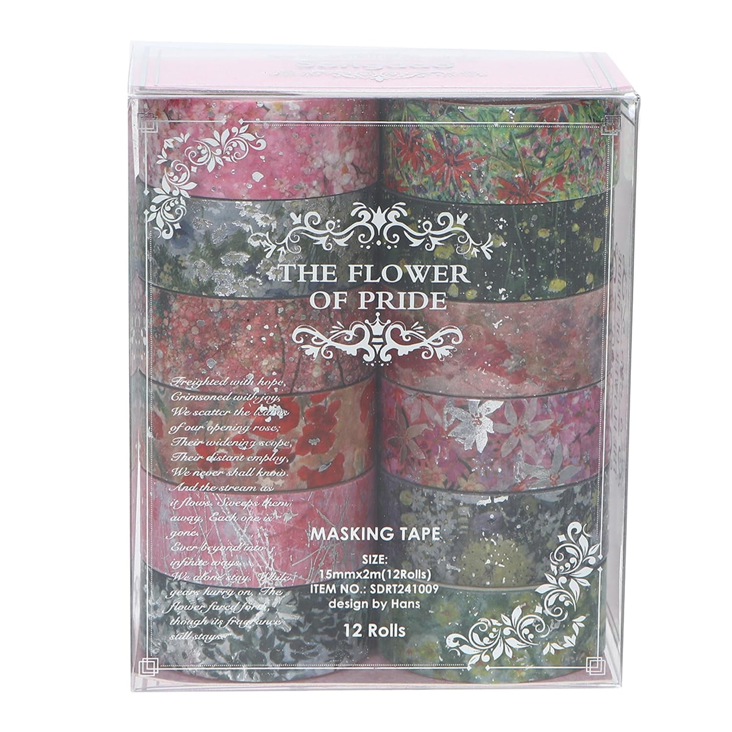 Flowers Washi Tape Set Floral Arts Adhesive Tapes Splast Silver Decorative Masking Tape Sets for Craft, Scrapbook, DIY, Gift Wrapping (Pinky Bloom)
