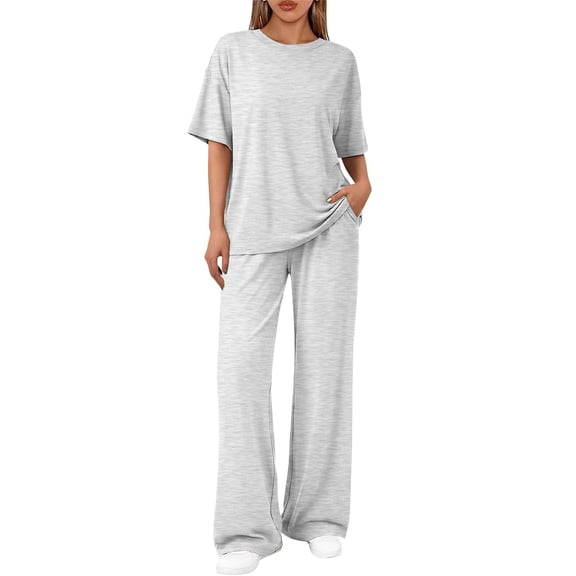 Stichou Women's 2 Piece Matching 2026 Summer Lounge Sets Clothing Short Sleeve Oversized Shirts & Pants Travel Outfit White L