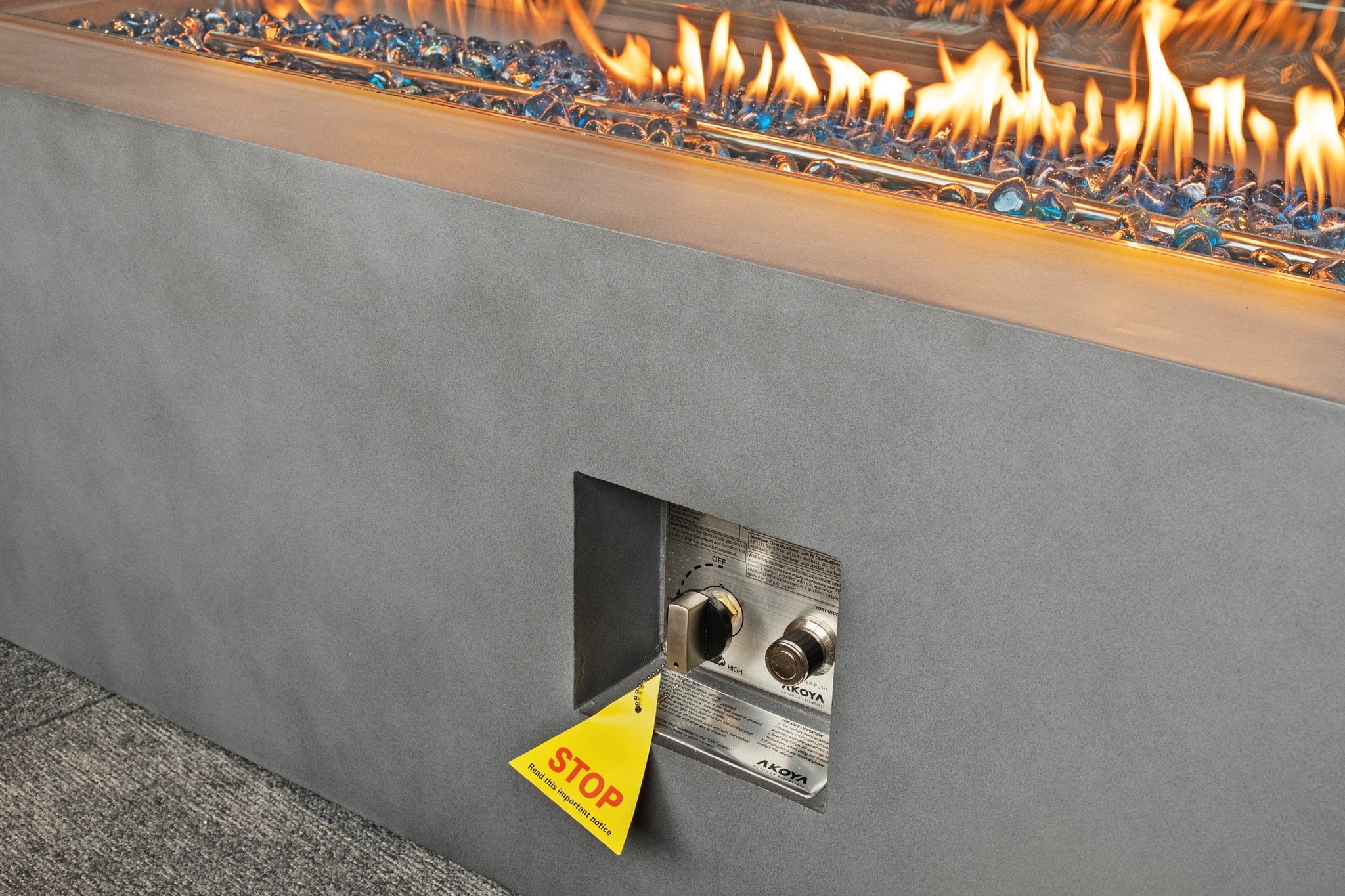 60" Rectangular Concrete Smokeless Fire Pit for Patio, Table with Glass Guard and Crystals in Gray (Amber)