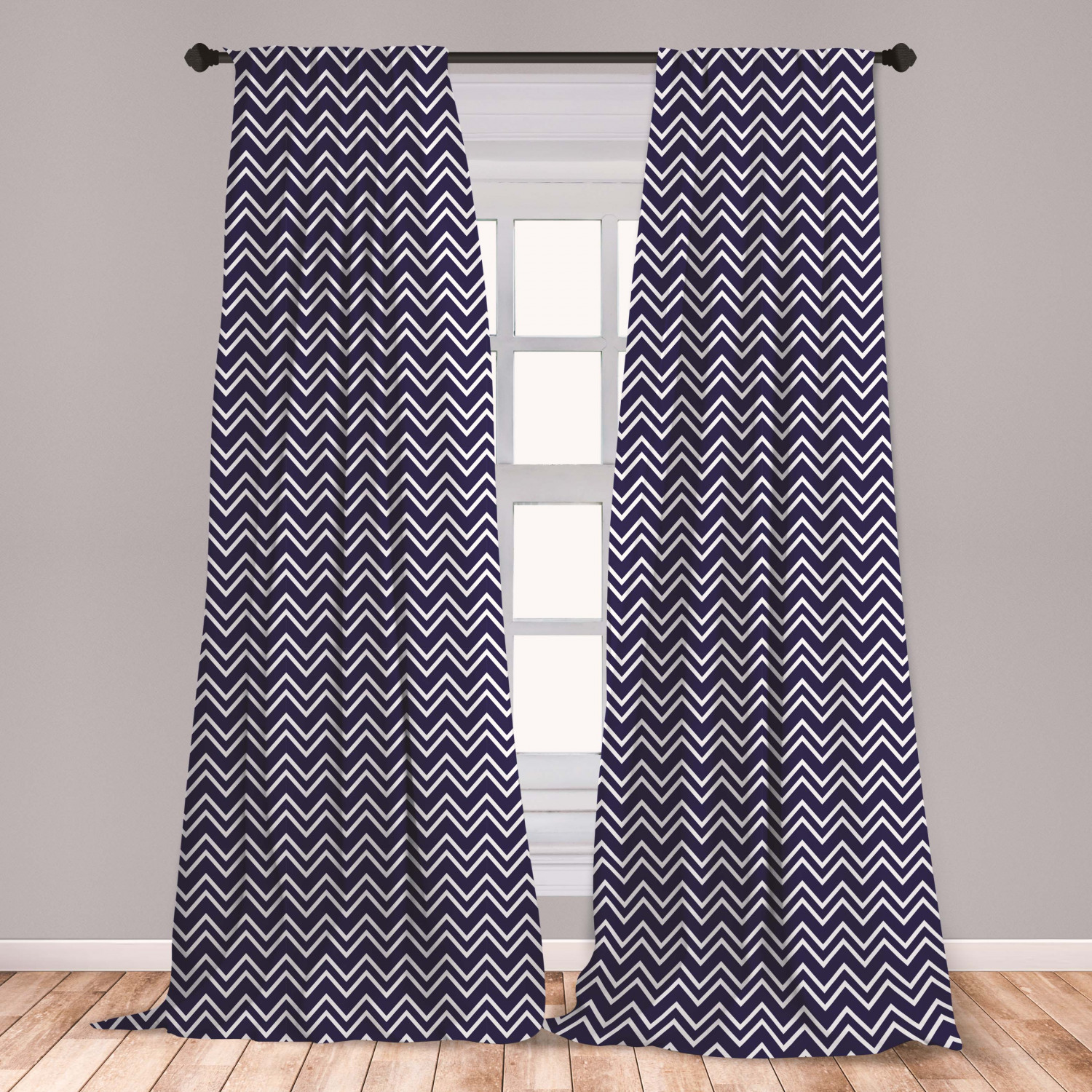 Navy Blue Curtains 2 Panels Set, Navy Blue Color Background with Zig