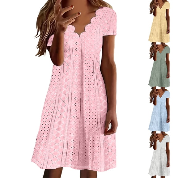 ChaoHeng Dresses for Women for Solid Linen V Neck Button Short Sleeve Mid Calf Breathable Summer Casual Dress White S