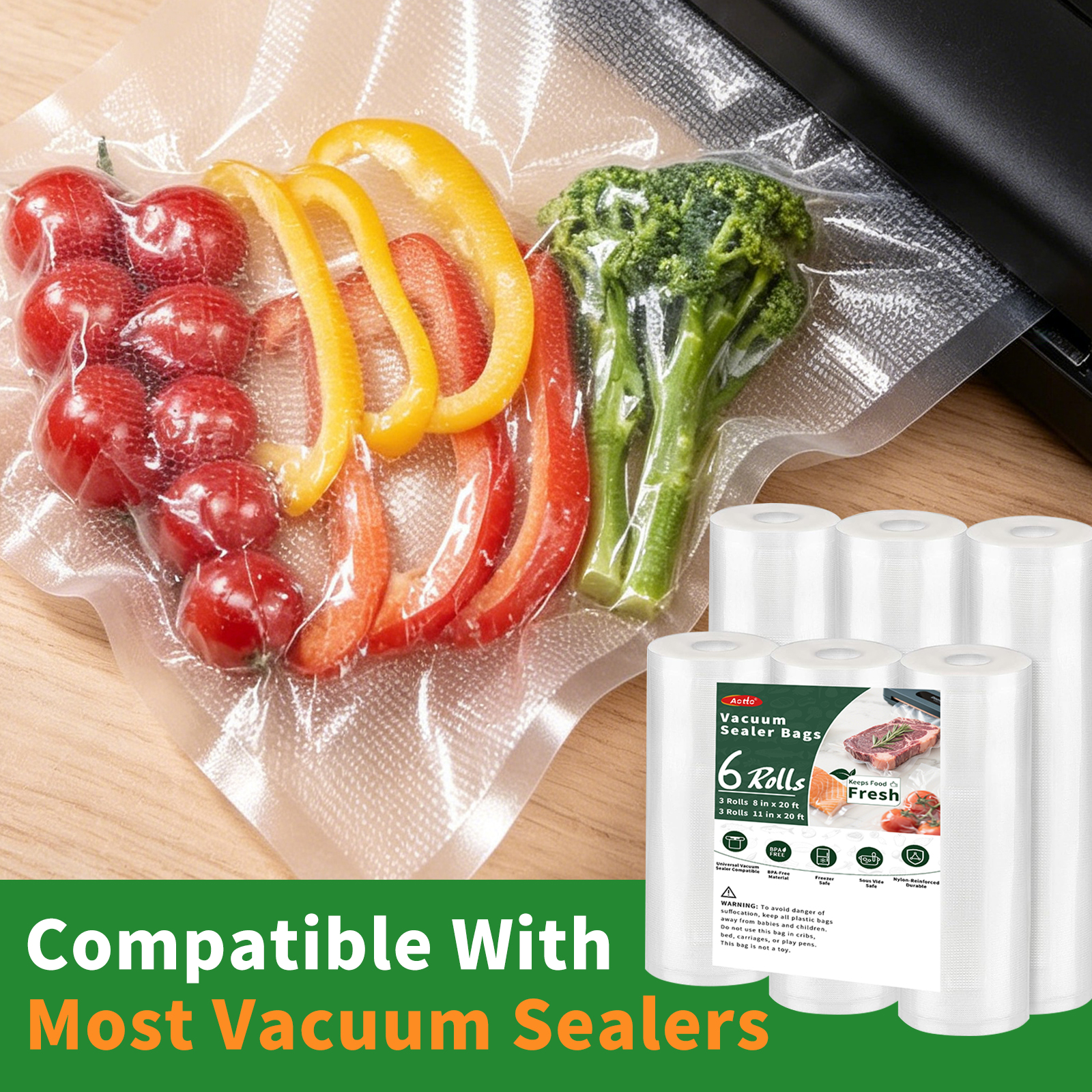 Aotto Vacuum Sealer Bags, 6-Pack Rolls (11x20 + 8x20) photo 7