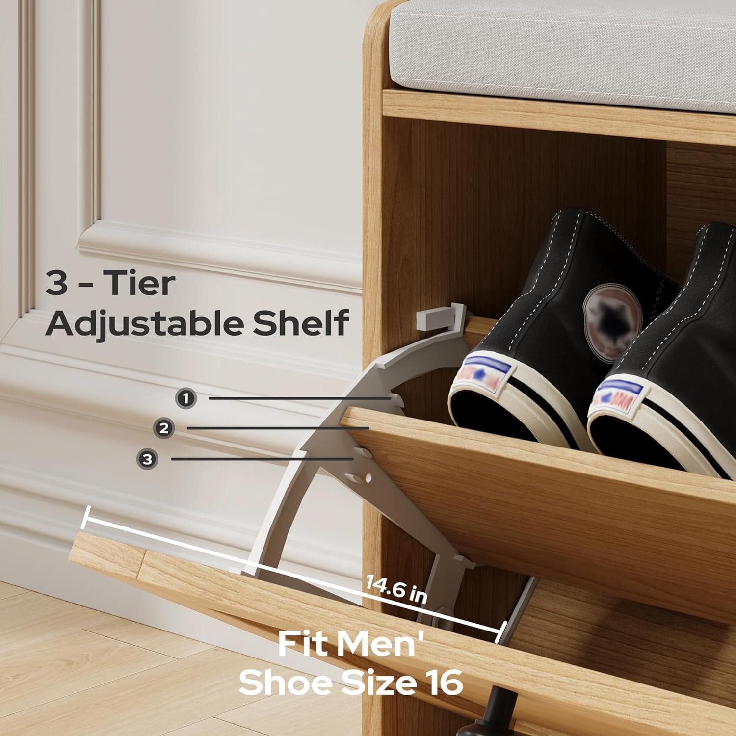 Oak Shoe Bench, Modern Entryway Bench with 2 Flip Drawers, Shoe Rack Bench with Padded Seat Cushion, Wooden Shoe Storage Bench for Entryway, Bedroom and Apartment