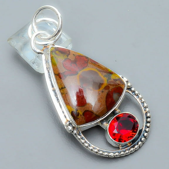 Rhyolite Jasper & Garnet 925 Sterling Silver Pendant 2.07" P1811-57, Christmas Gift, Gemstone Silver Jewelry, Jasper Pendant, New Year Sale
