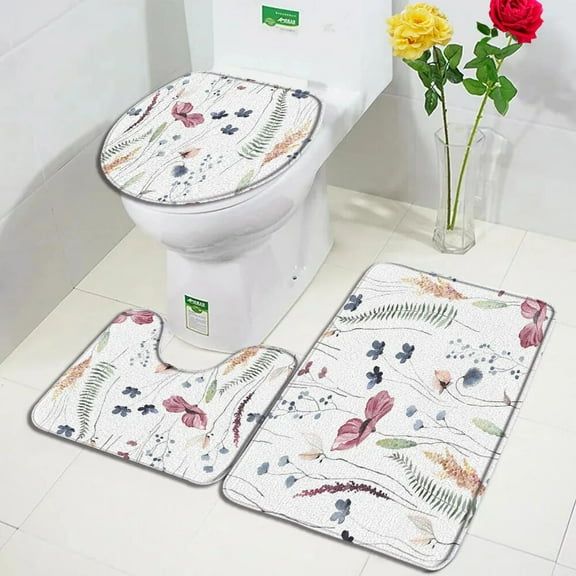 Floral Bath Mat Set Watercolour Flowers Plant Modern Minimalist Art Home Carpet Bathroom Decorative Floor Rugs Toilet Lid Cover