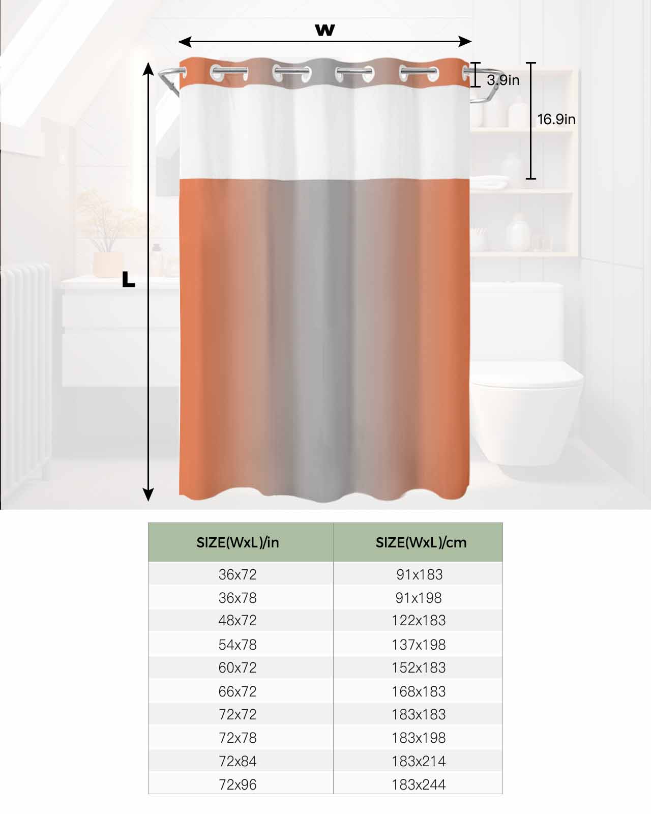 No Hook Shower Curtain with Snap in Liner, Ombre Abstract Gradient Orange and Gray Hotel Shower Curtains for Bathroom, Washable Shower Curtain Liner Set with Mesh Top Window, 72"x96"