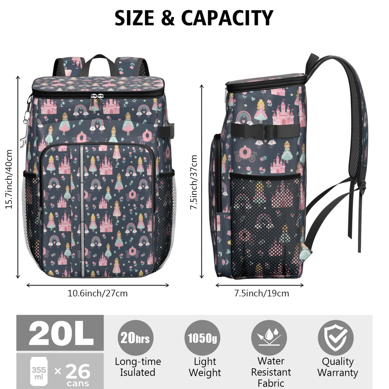 Travel Cooler Bag - Dark Blue Princess Castle Night Pattern Camping Beer Cooler Backpack with Bottle Opener- Waterproof Insulated Picnic Backpacks - Cooler Bag for Beach