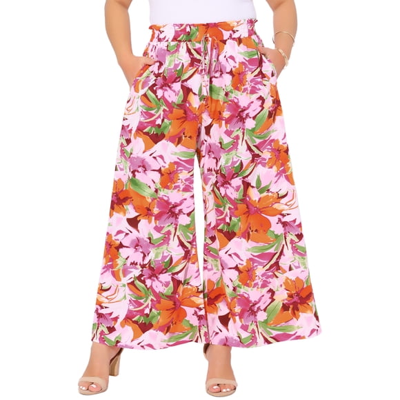 Pantalones de pierna ancha de flores para mujer de talla grande Agnes Orinda con lazo frontal, estilo bohemio, fluidos, casuales, de playa, palazzo con bolsillos 1X rosa naranja