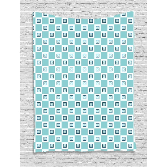 Geometric Tapestry, Continuous Nested Squares Design Pattern with Retro Influences, Wall Hanging for Bedroom Living Room Dorm Decor, 60"W X 80"L, Seafoam Dark Sky Blue White, by Ambesonne