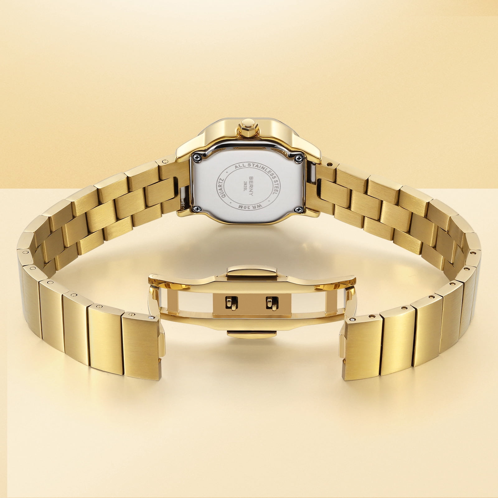 BERNY Small Gold Watches for Women, Dainty Minimalist Dress Watch with Square Dial, Vintage Stainless Steel Bracelet Watch, Waterproof, Ladies Luxury Gifts (Blue)