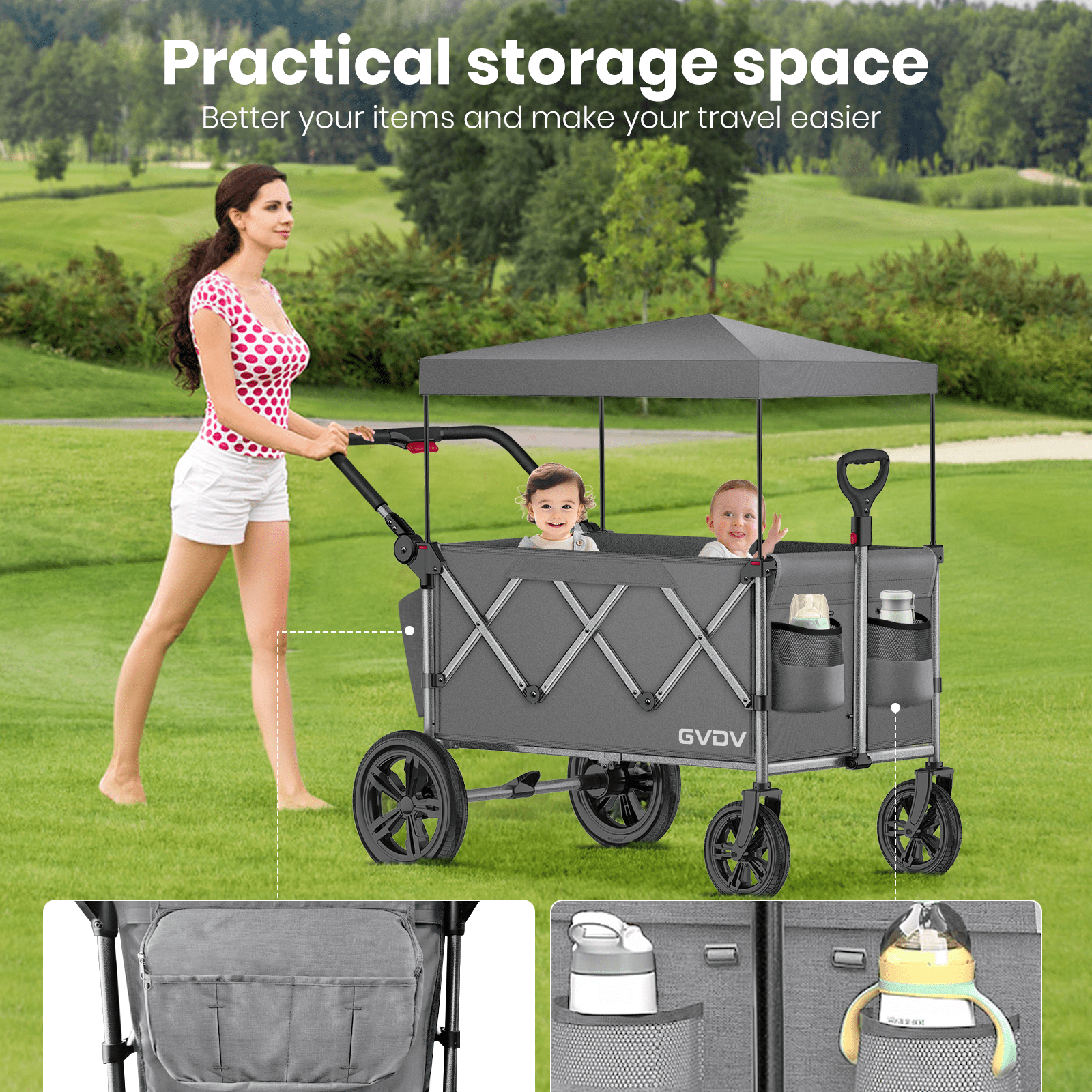 GVDV Stroller Wagon for Kids, 3-in-1 Collapsible Double Stroller Wagon for Toddlers, All-Terrain Baby Stroller with Removable Canopy, Adjustable Push/Pull Handles, 5-Point Harness, Gray