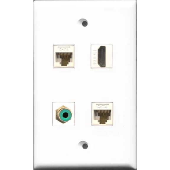 RiteAV 1 Port HDMI and 1 Port RCA Green 2 Port Cat6 Ethernet White Wall Plate