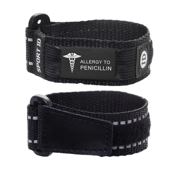 Sport Medical Alert Bracelets with Reflective Strip Black Nylon Medical id bracelets for men Adjustable 6.5-8.5 inches Allergy to penicillin bracelets