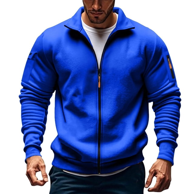 PEONAVET Mens Jacket Men's Solid Color Long Sleeved Stand-up Collar Zipper Fleece Thick Pocket Jacket