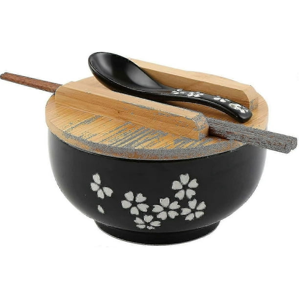 Ramen Bowl Set, Japanese Ramen Noodle Bowls With Lid Spoon, Large Ceramic Soup Bowl, Black Hand Drawn Rice Bowl Retro