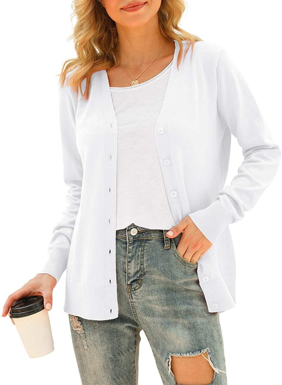 Womens V Neck Button Down Long Sleeve Basic Soft Knit Cardigan Sweater