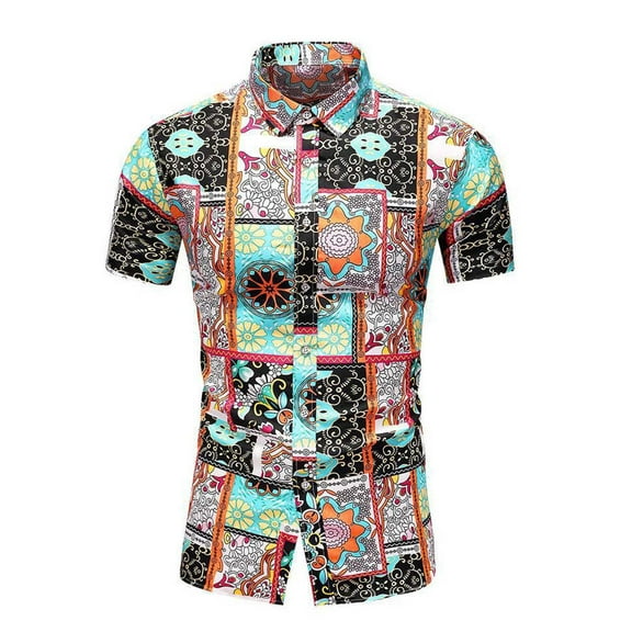 Floenr Mens T Shirts,Men Hawaiian Short Sleeve Beach Stand-up Collar Shirt Printed Summer Casual Button Down Shirts