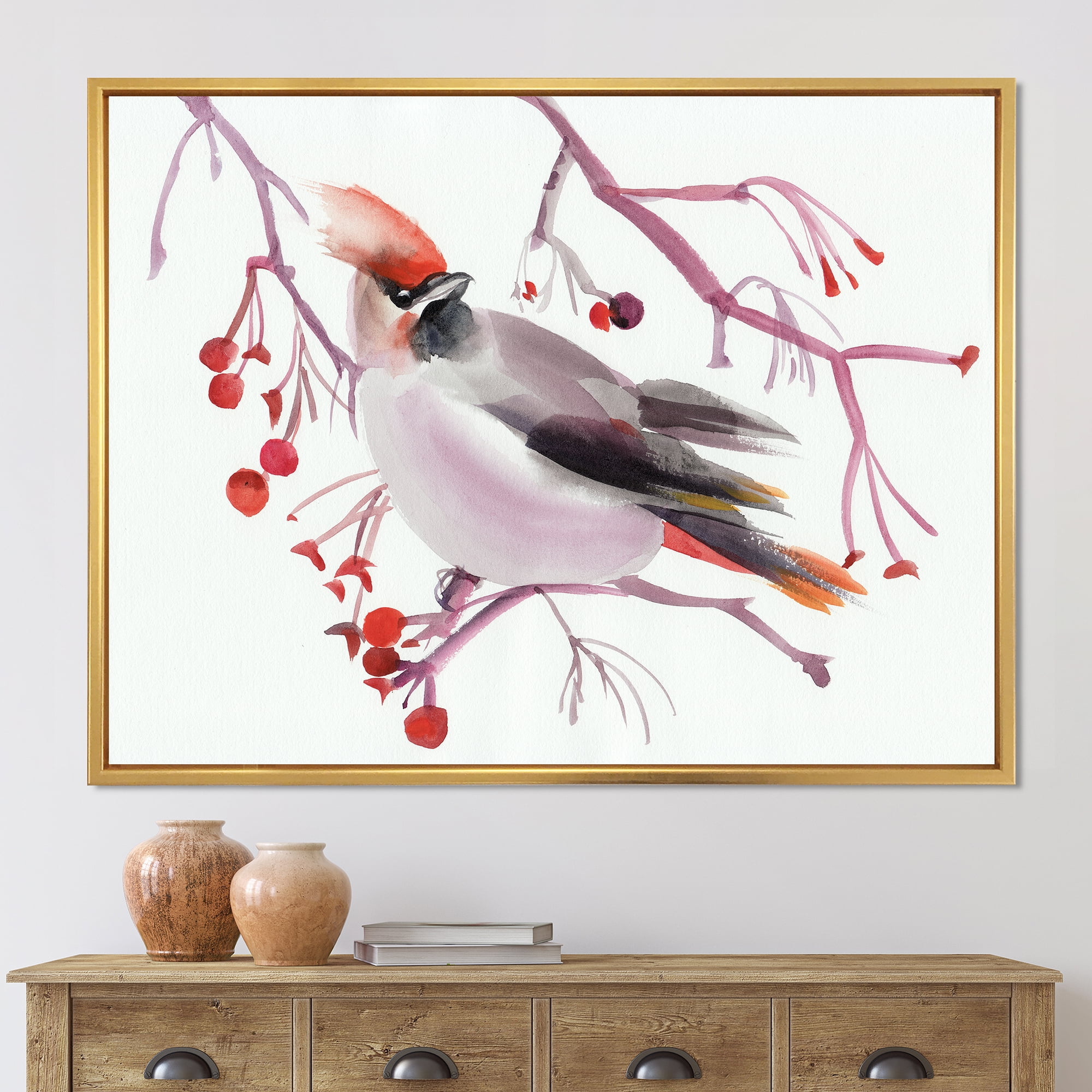 Waxwing Bird Sitting On A Branch 32 in x 16 in Framed Painting Canvas Art Print, by Designart