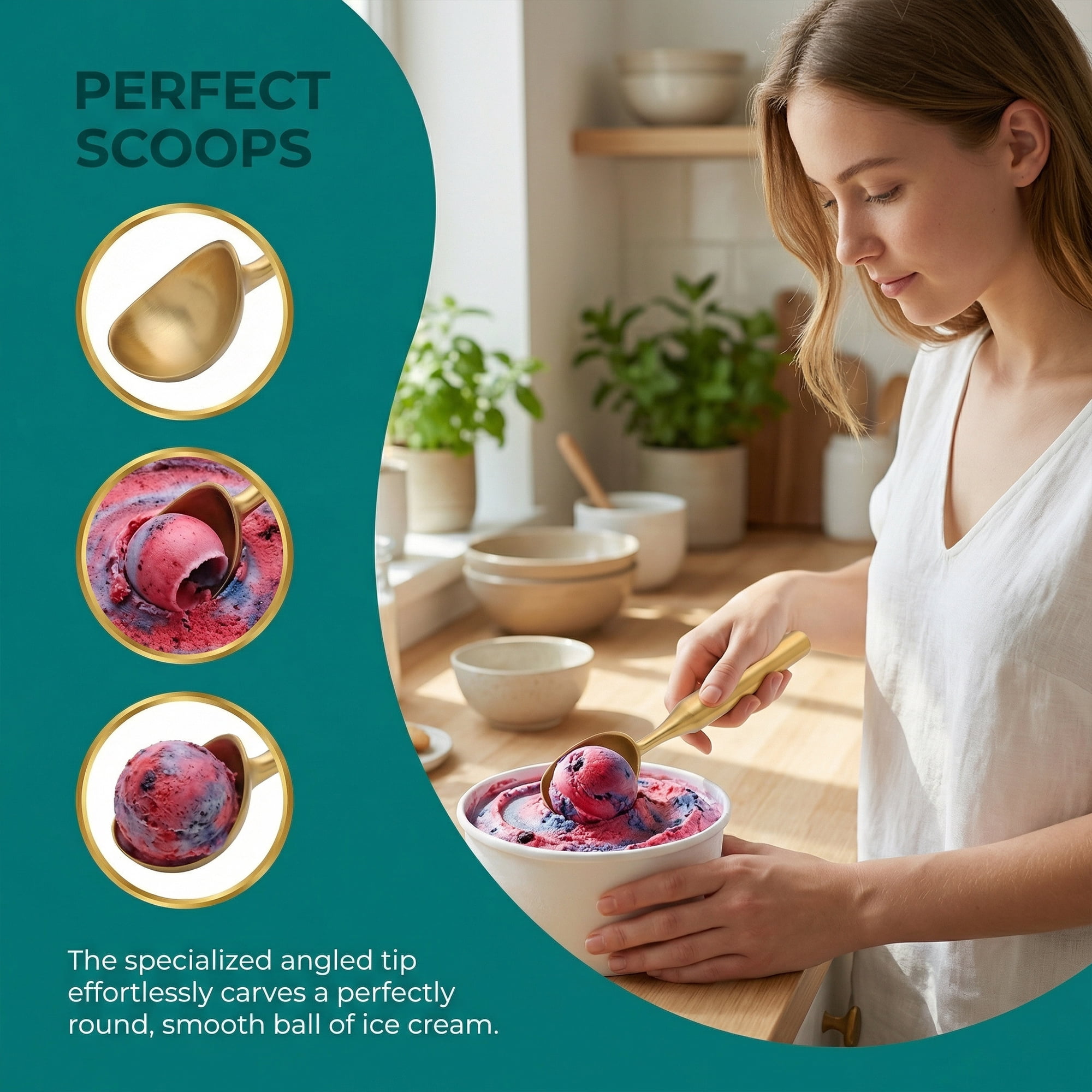 Unique Bargains Stainless Steel Ice Cream Scoop for Use and Cleaning Gold 8.1in