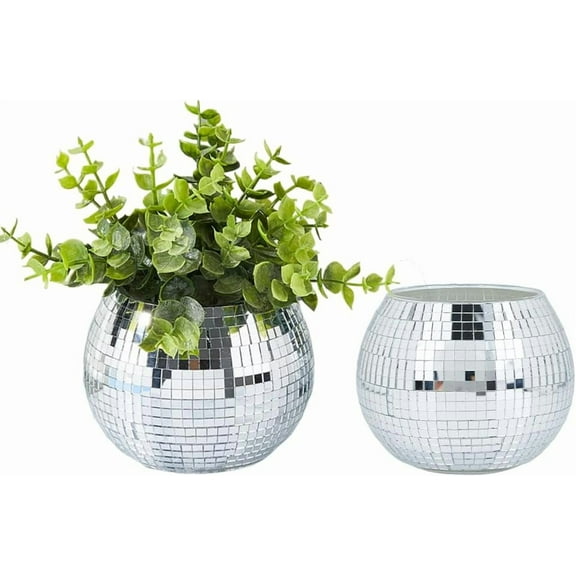 2Pcs Disco Ball Vase Round Disco Ball Planter Disco-Ball Decor Flower Vase with Silver Mirror Disco Ball Centerpieces for Wedding Office Bedroom Decor 11.8x9.5cm