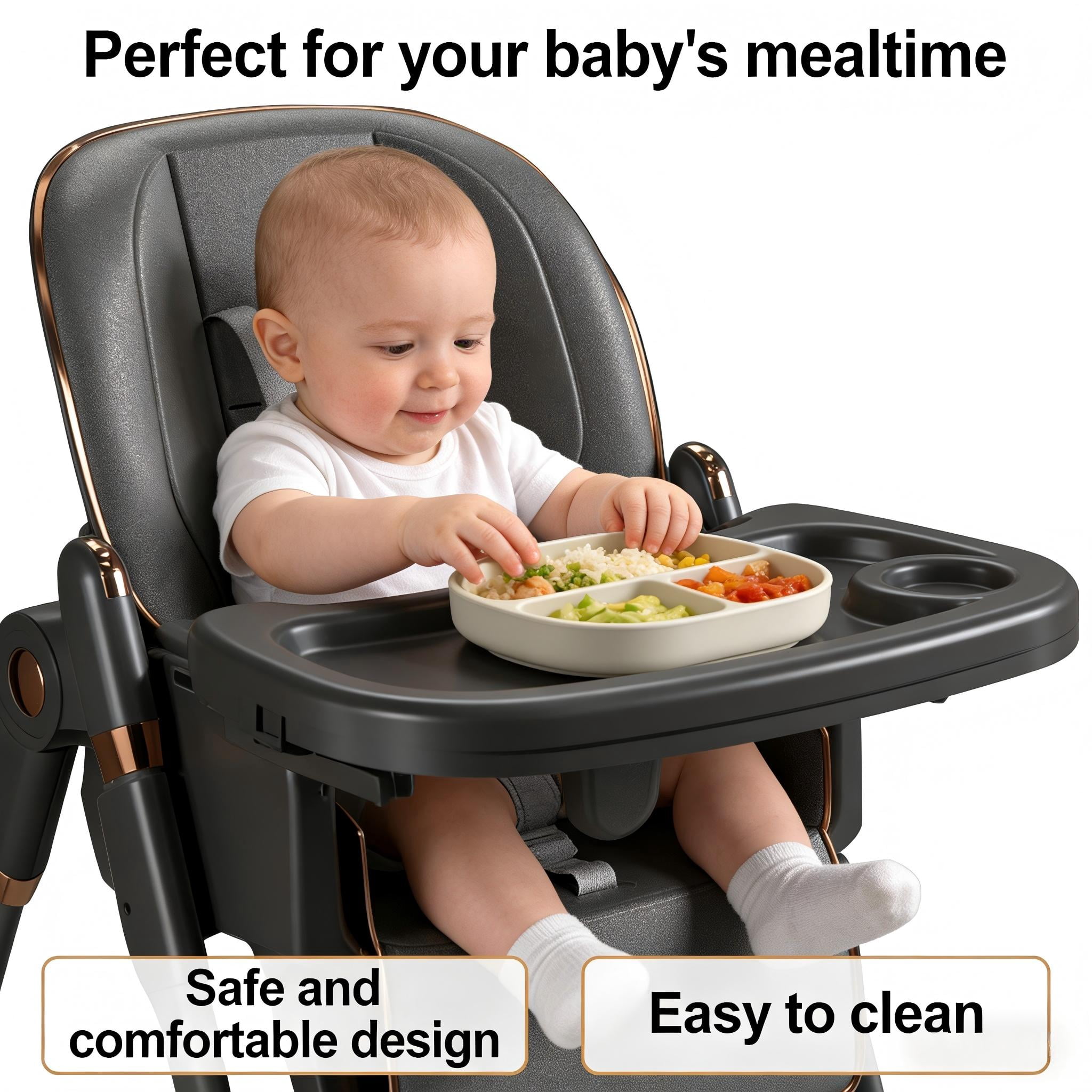 Cochildor Foldable High Chair for Babies & Toddlers, with 5 Point Harness, Tray, Foot Rest and Wheels, Gray