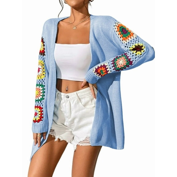 2025 Boho Floral Pattern Crochet Open Front Long Sleeve Casual Knit Cardigan Sweater  Blue M
