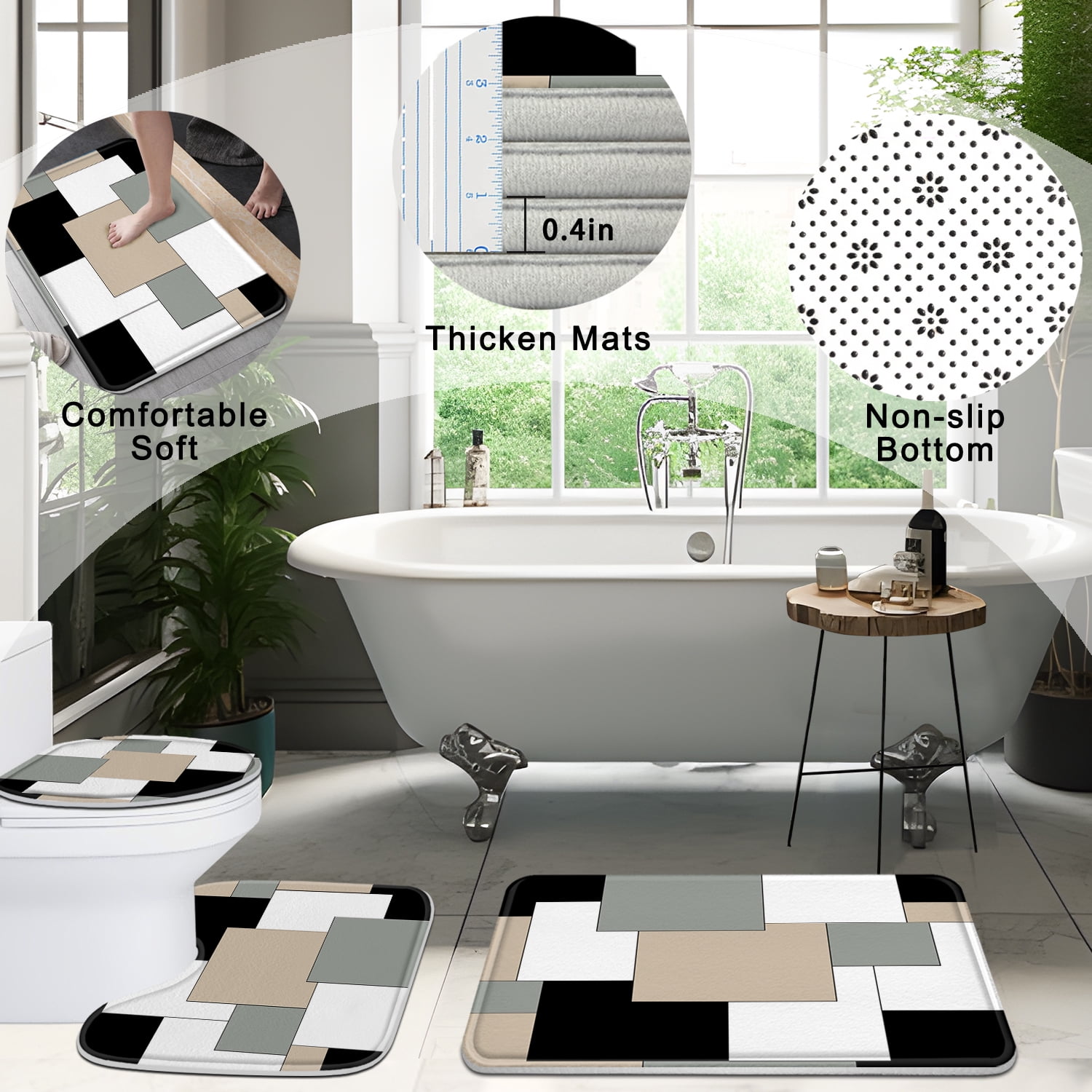 Poedist 4Pcs Shower Curtain Set, Bathroom Sets with Shower Curtain and Rugs, with Non-Slip Rugs,Toilet Lid Cover,Bath Mat and 12 Hooks,71 x 71 inch, Geometric Gray