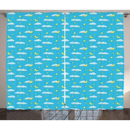 Yellow Living Room Curtains Moon Curtains 2 Panels Set, Striped Checkered and Dotted Cloud Motifs with Yellow Crescent Moon Kids Bedtime, Window Drapes for Living Room Bedroom, 108W X 63L Inches, Pale Blue Yellow, by Ambesonne ()