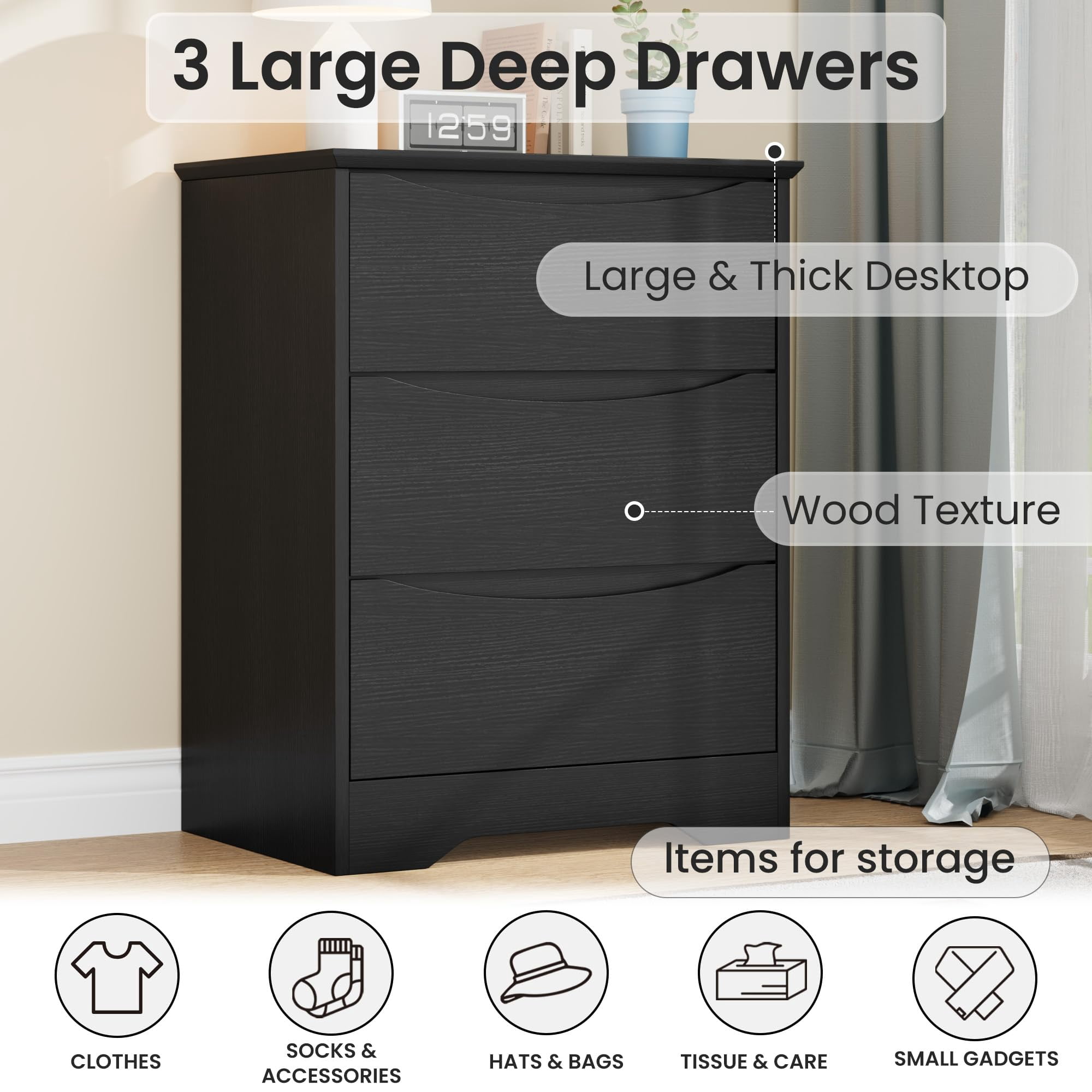 Kicctian Modern Dresser with 3 Deep Drawers, 30" Tall Wooden Storage Cabinet for Bedroom, Living Room, Entryway, Black Wood Grain Finish